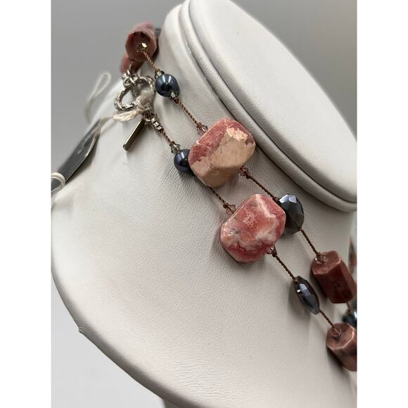 Margo Morrison Rhodochrosite Grey Coated Moonstone and Pearl Crystal Necklace - Picture 9 of 14